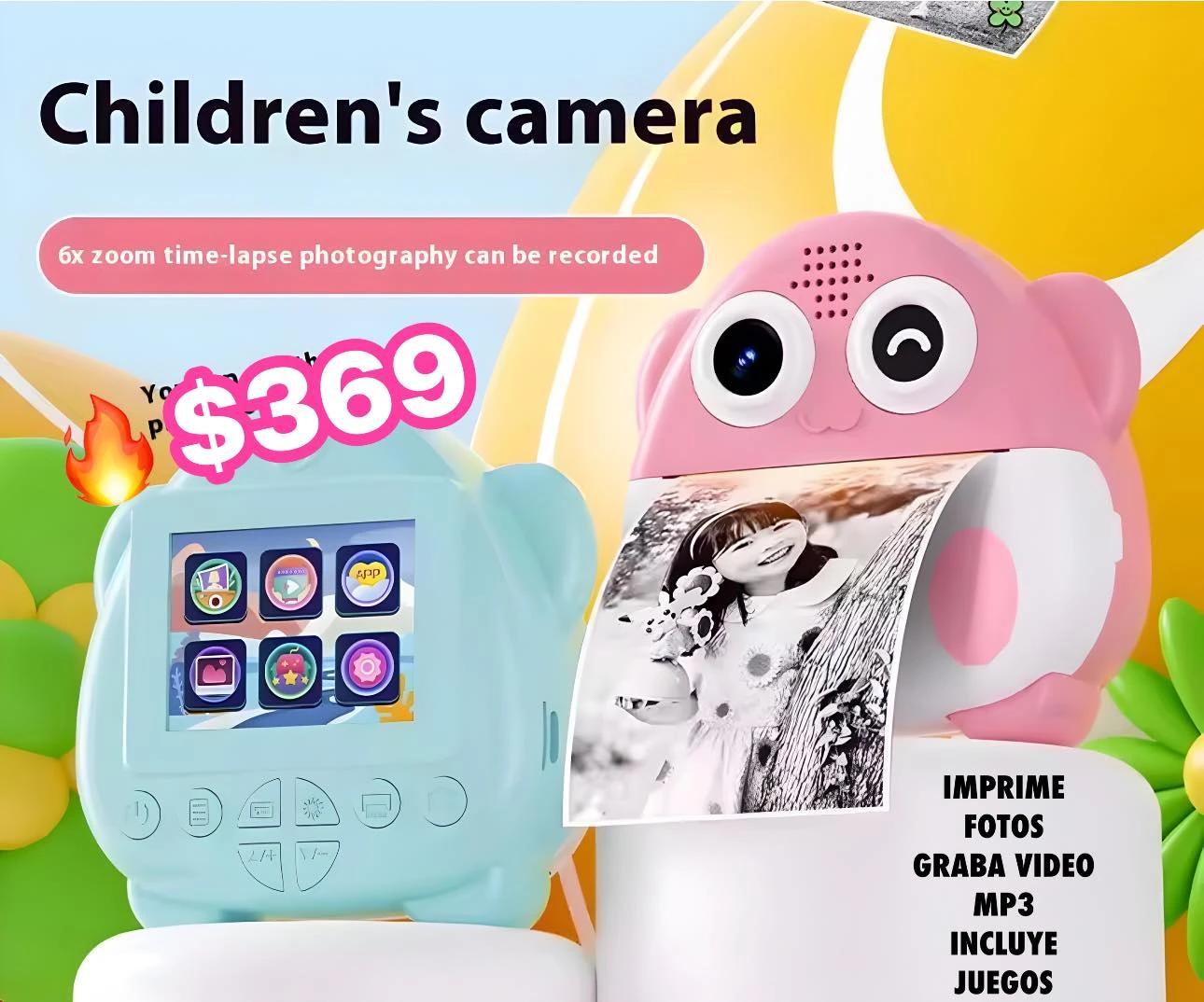 🔥CAMARA INFANTIL IMPRIME FOTOS GRABA VIDEO MP3 INCLUYE JUEGOS🔥
