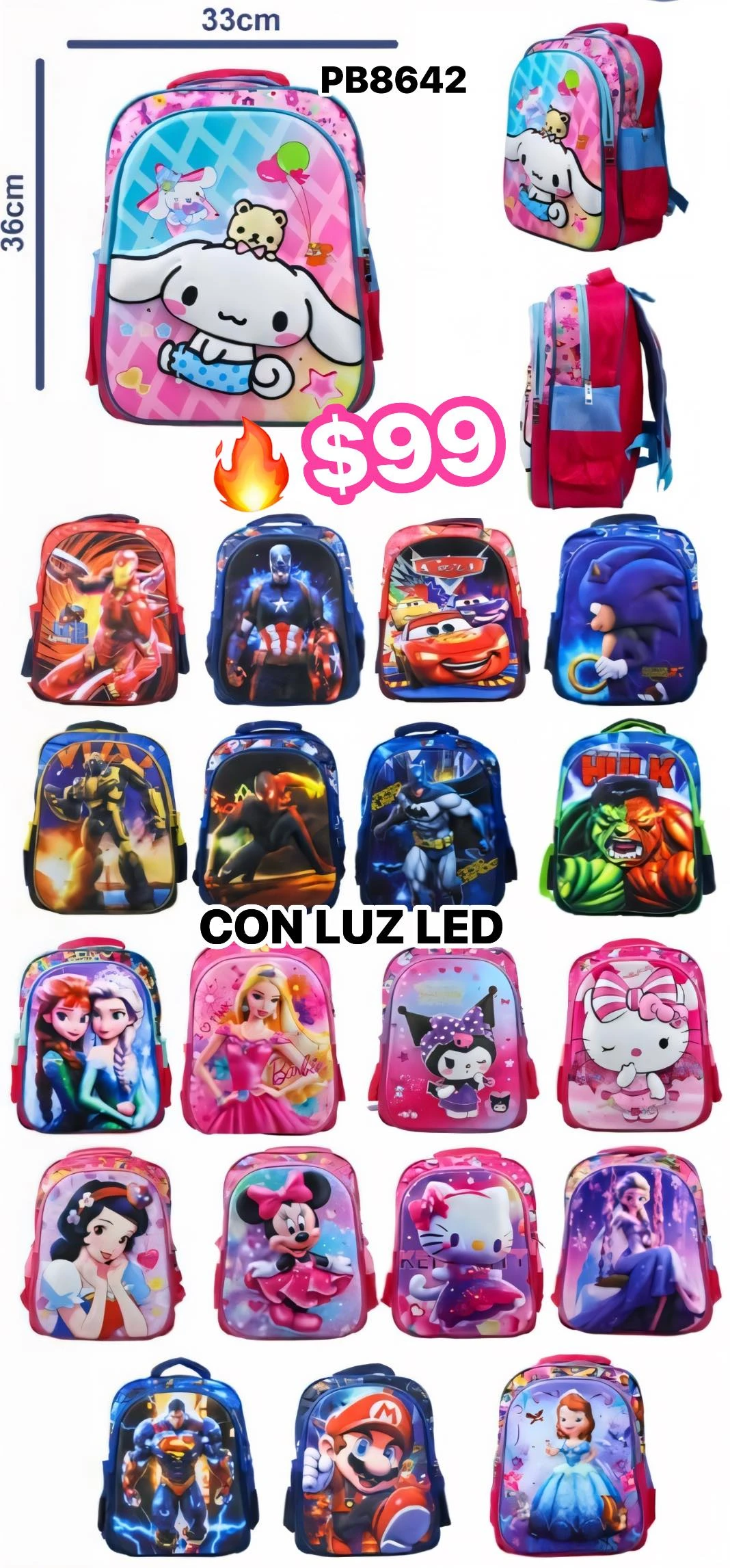 MOCHILAS KINDER DIFERENTES TAMAñOS 32X27- 36X33 32X25-33X29